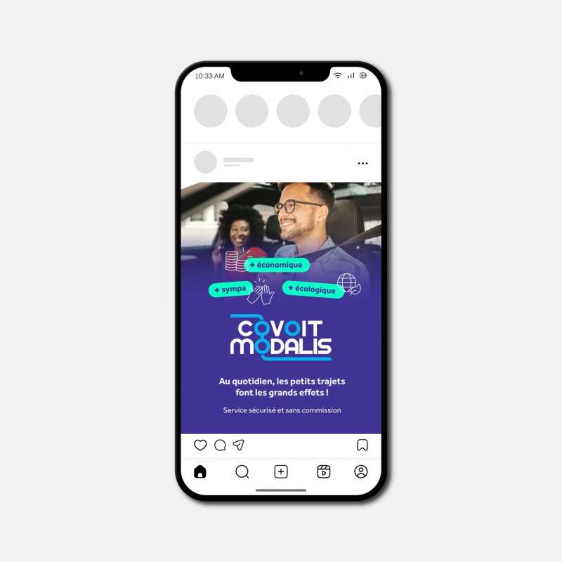 smartphone présentant un post de publicité pour Covoit Modalis sur Instagram