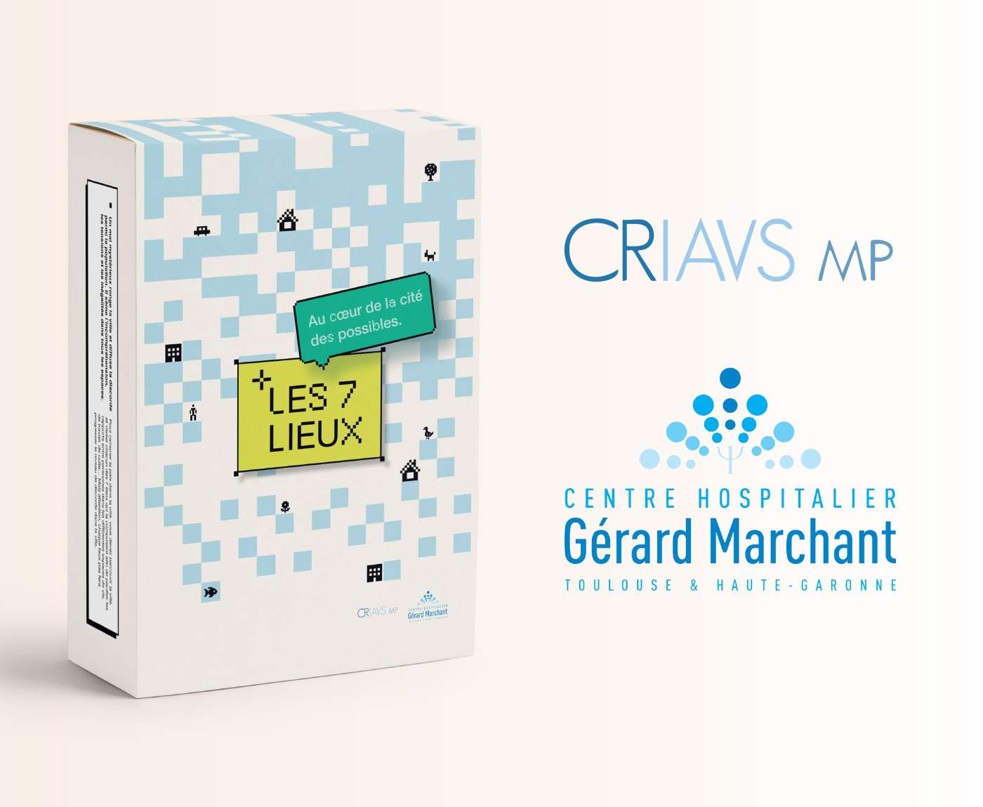 Boîte du jeu et logo CRIAVS Midi-Pyrénnées et Hôpital Gérard Marchant 
