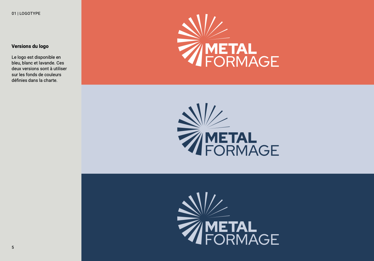Extrait du livre de marque de Metalformage montrant le logo dans ses 3 couleurs